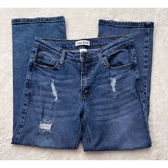 LUNA NORA MID-RISE CROPPED DISTRESSED STRAIGHT JEANS, Size 6 - Picture 1 of 14